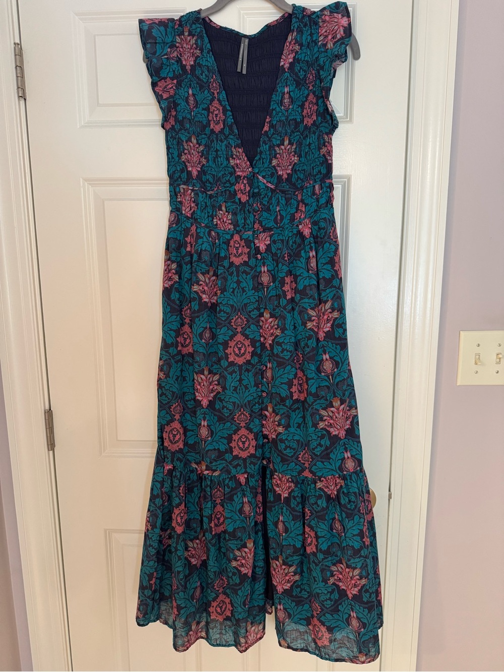 Anthropologie Teal and Pink Floral Ruffle-Sleeve Maxi Dress